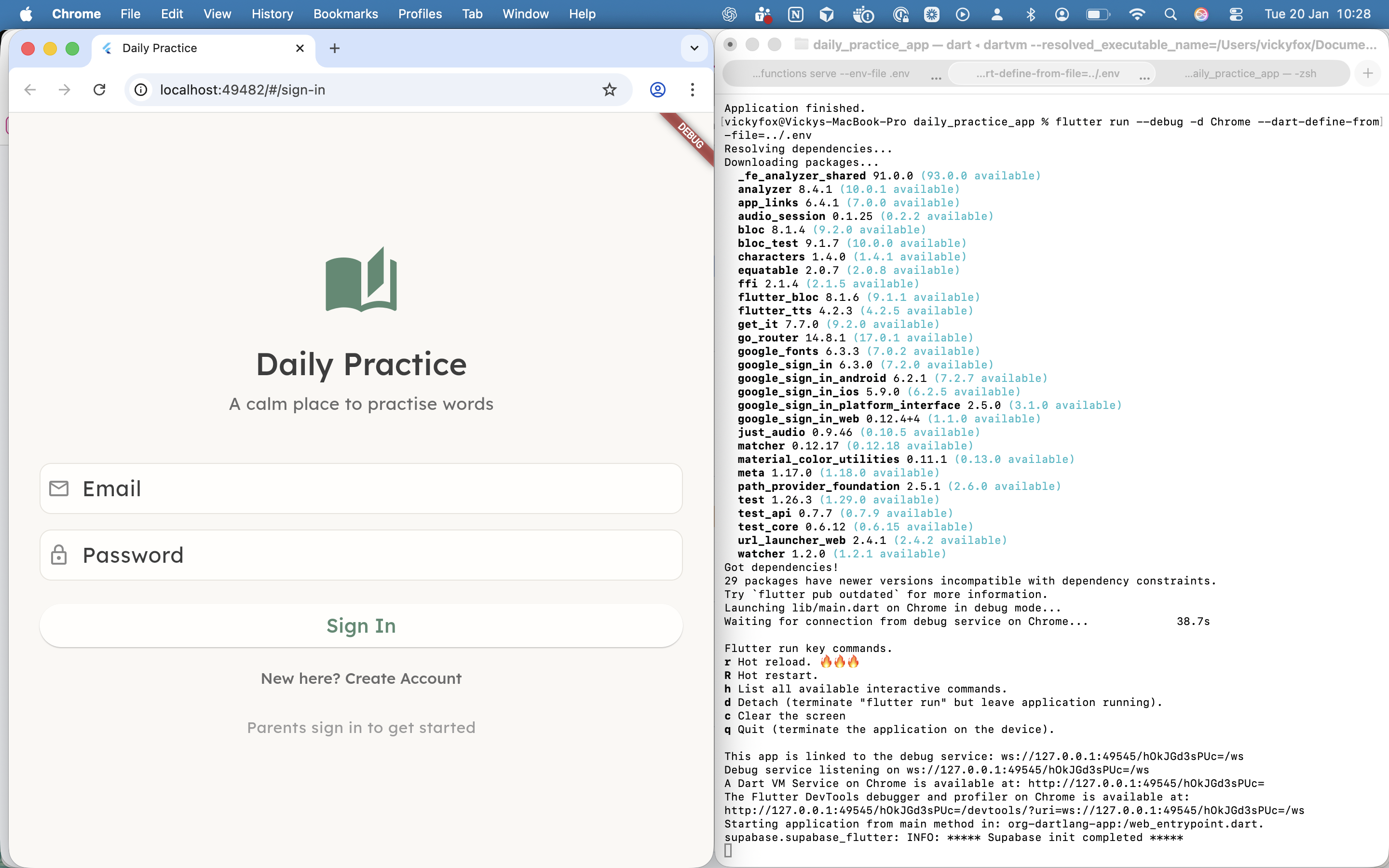 Split screen showing the Little Desk sign-in screen alongside a terminal running Flutter in debug mode.