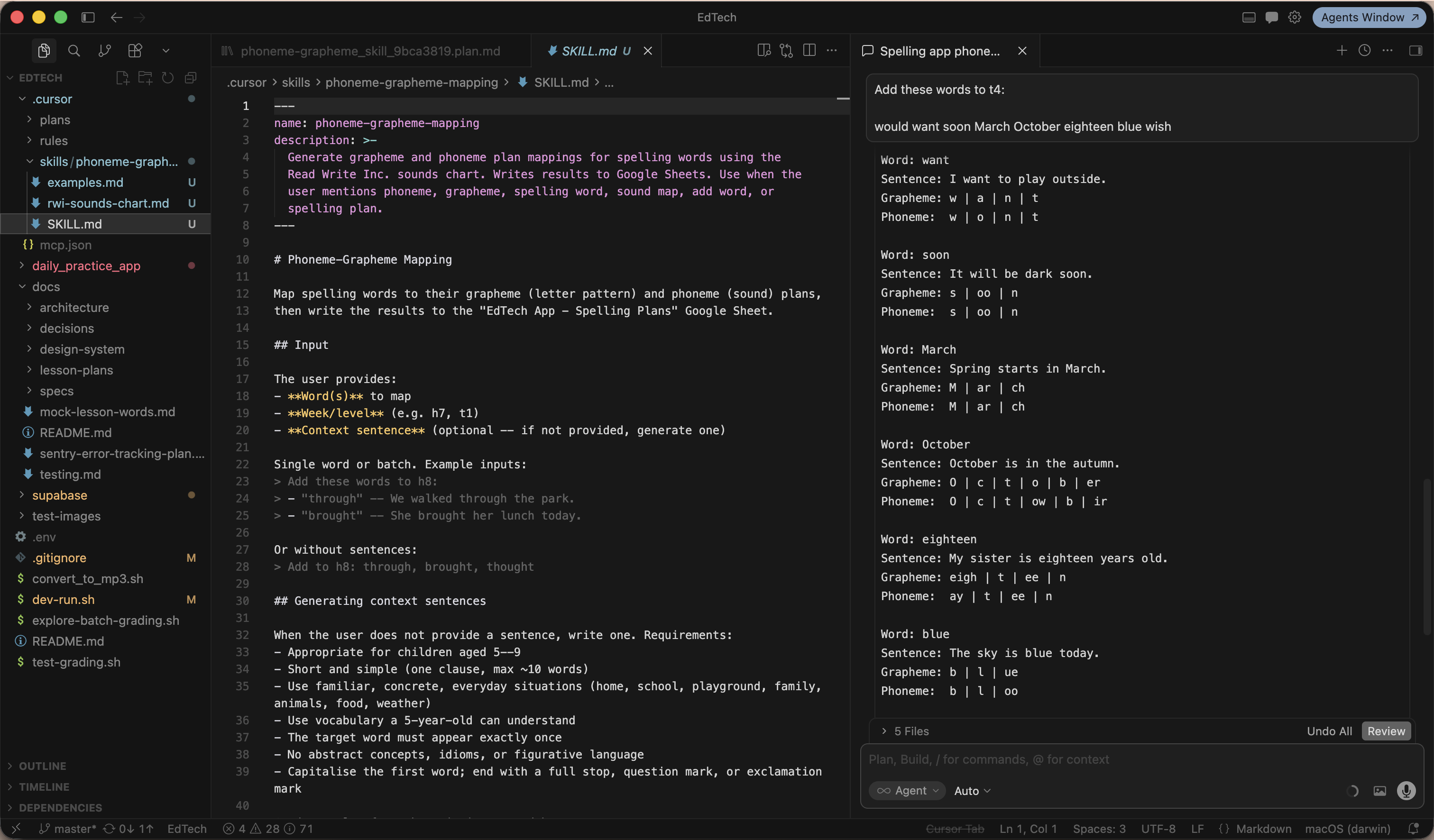 Cursor IDE showing the phoneme-grapheme mapping skill running, with new spelling words being mapped to their sound breakdowns in real time.