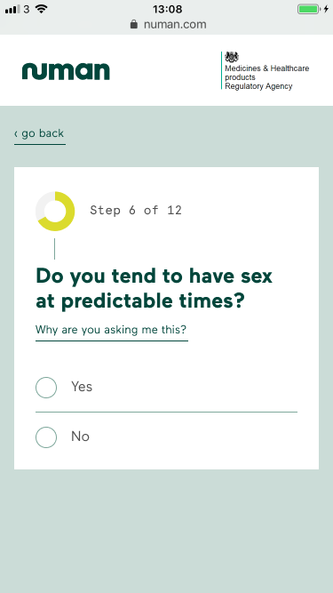 Numan consultation step 6 of 12 on mobile: a go back link, a partly filled progress ring beside the label Step 6 of 12, the question “Do you tend to have sex at predictable times?”, an underlined link reading “Why are you asking me this?”, and Yes / No radio options.