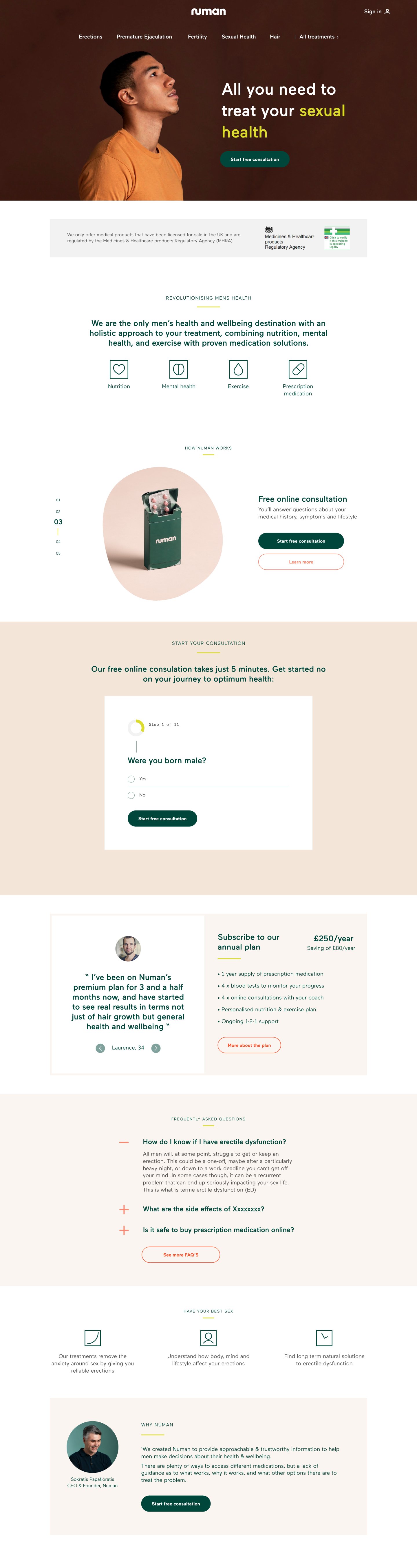 Numan homepage: the MHRA statement and crest below the hero, the four pillars of the treatment approach, a named founder and a named customer, the annual plan priced in the open, and step 1 of the consultation embedded on the page.