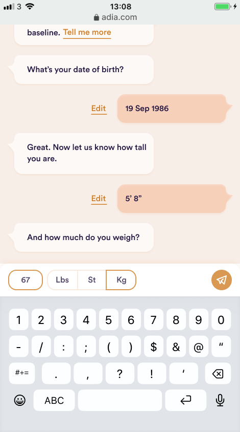 Parla onboarding flow showing the fertility questionnaire experience.