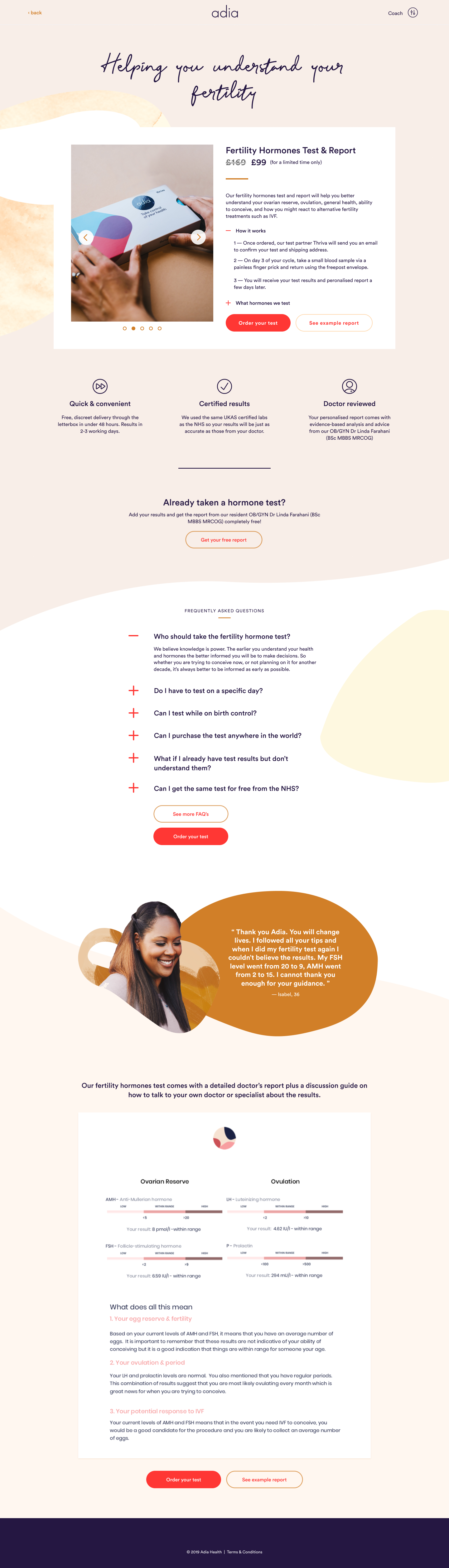 Parla's fertility hormones test page: the test and report at £99, reduced from £169, a three-step explanation of how it works, badges for delivery speed, UKAS-certified labs and doctor review, an offer of a free report for anyone who already has results, FAQs, and a preview of the example report showing hormone ranges and what they mean.